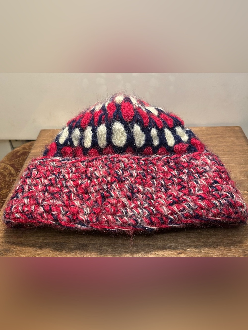 Vintage Women’s Red, Navy & White Knit Pom Beanie - Made in Japan